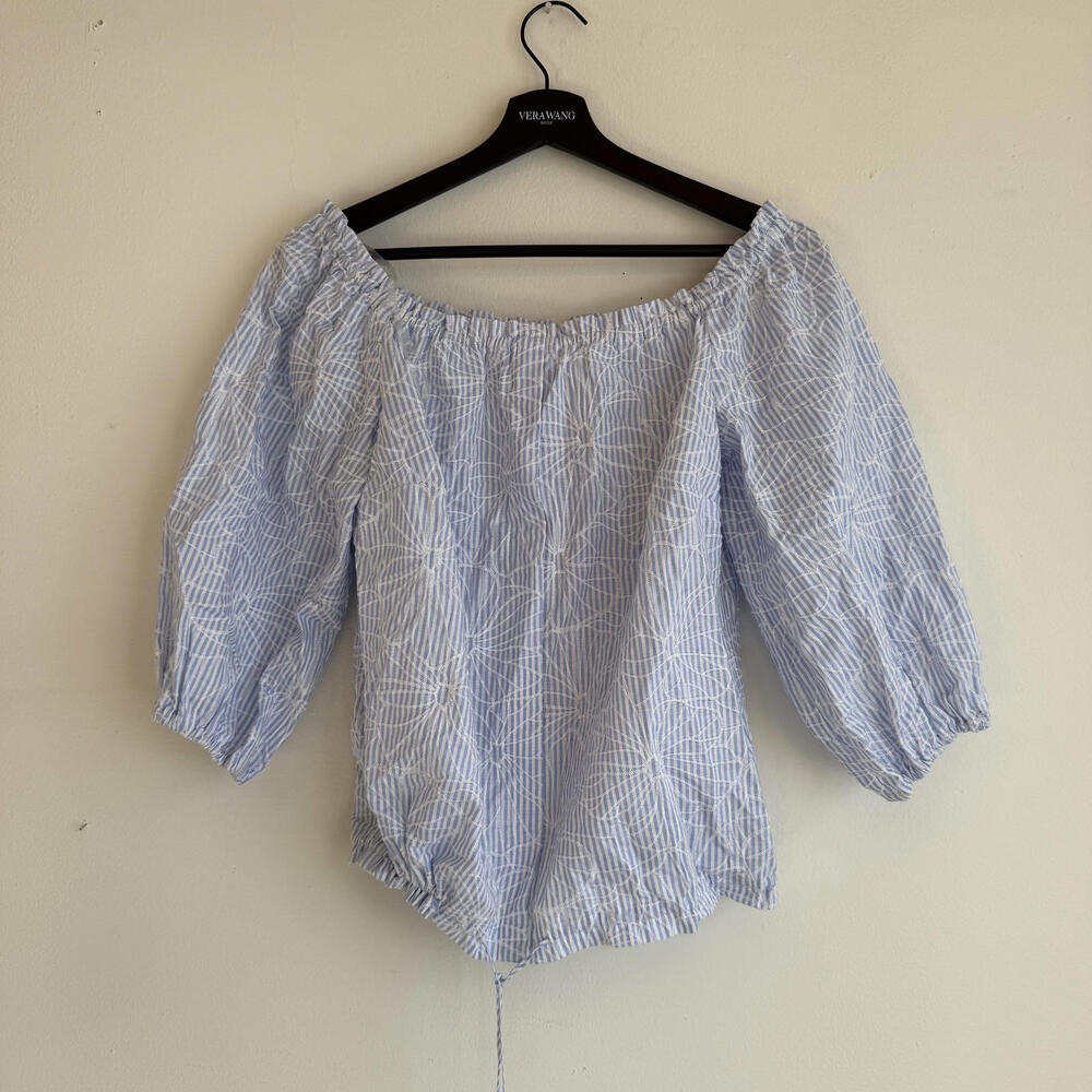 Light Blue and White Striped Off-Shoulder Blouse with Balloon Sleeves